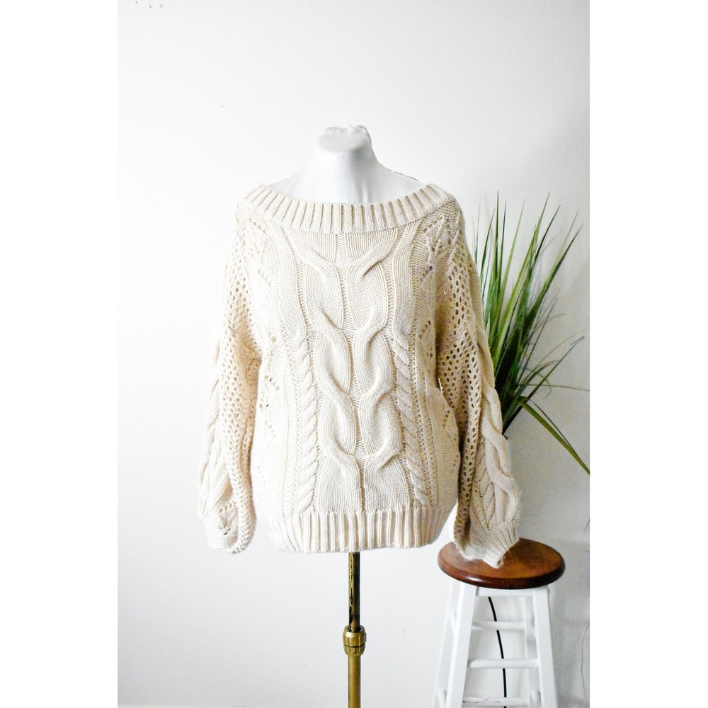 Kori America Sweater Womens Large Cream Modern Cable Knit Pointelle Oversized